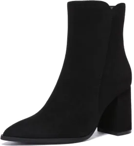 Athlefit Women's Heeled Ankle Boots Fashion Pointed Toe Chunky Block Heel Side Zipper Short Booties