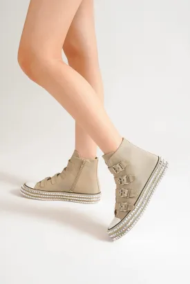 Canvas Buckle Studded Platform Sneakers in Khaki