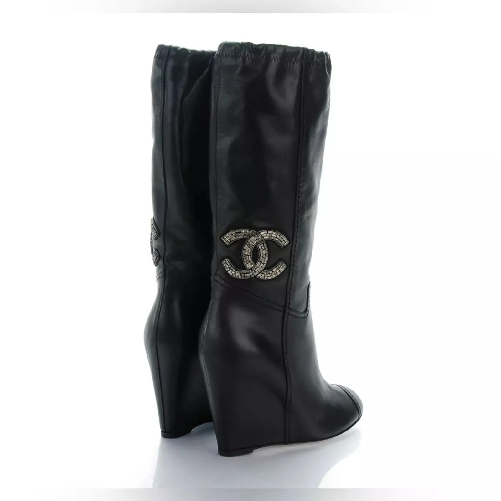 CHANEL CC CRYSTAL EMBELLISHED LAMBSKIN LEATHER WEDGE HEEL BOOTS