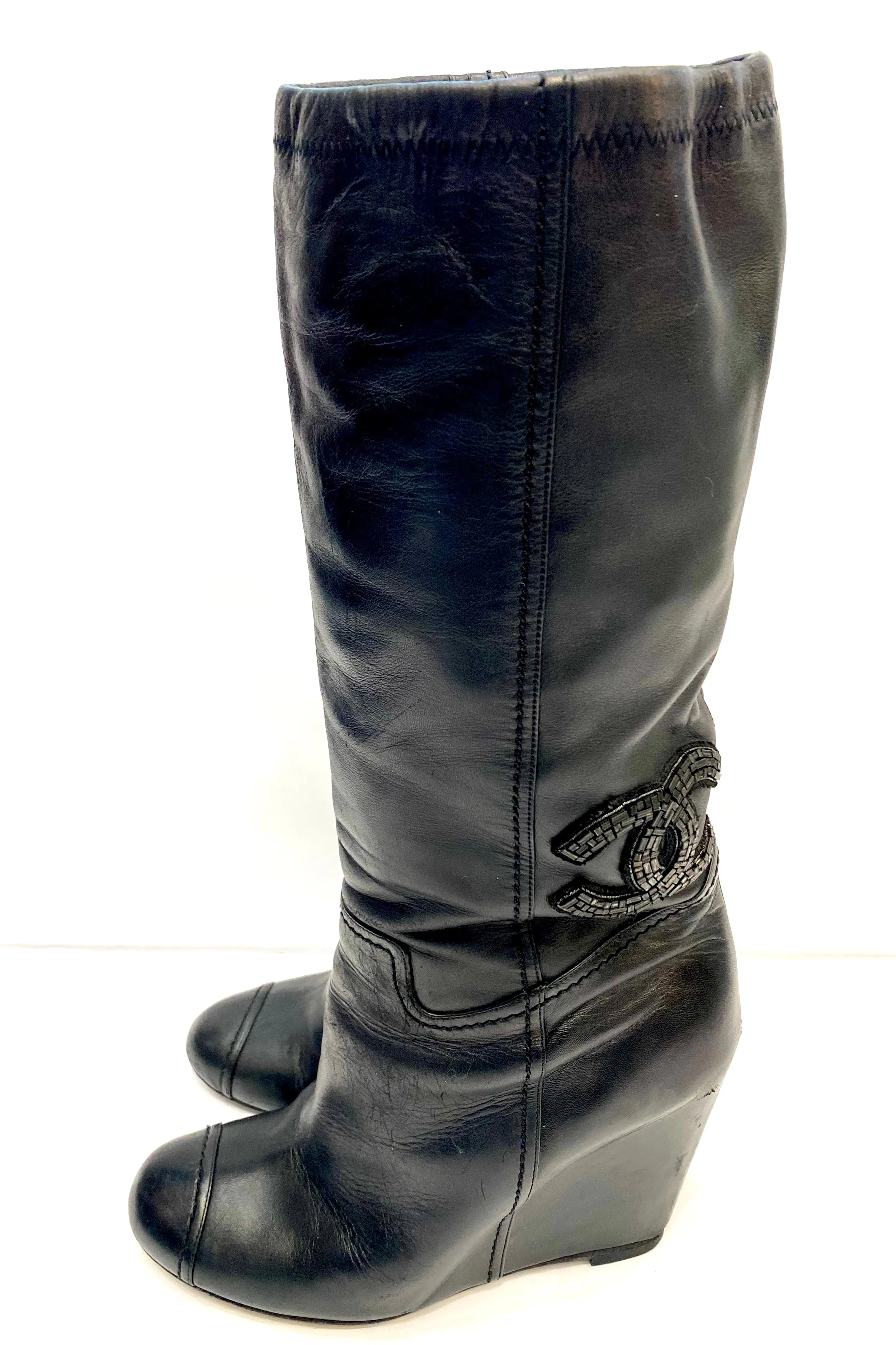 CHANEL CC CRYSTAL EMBELLISHED LAMBSKIN LEATHER WEDGE HEEL BOOTS