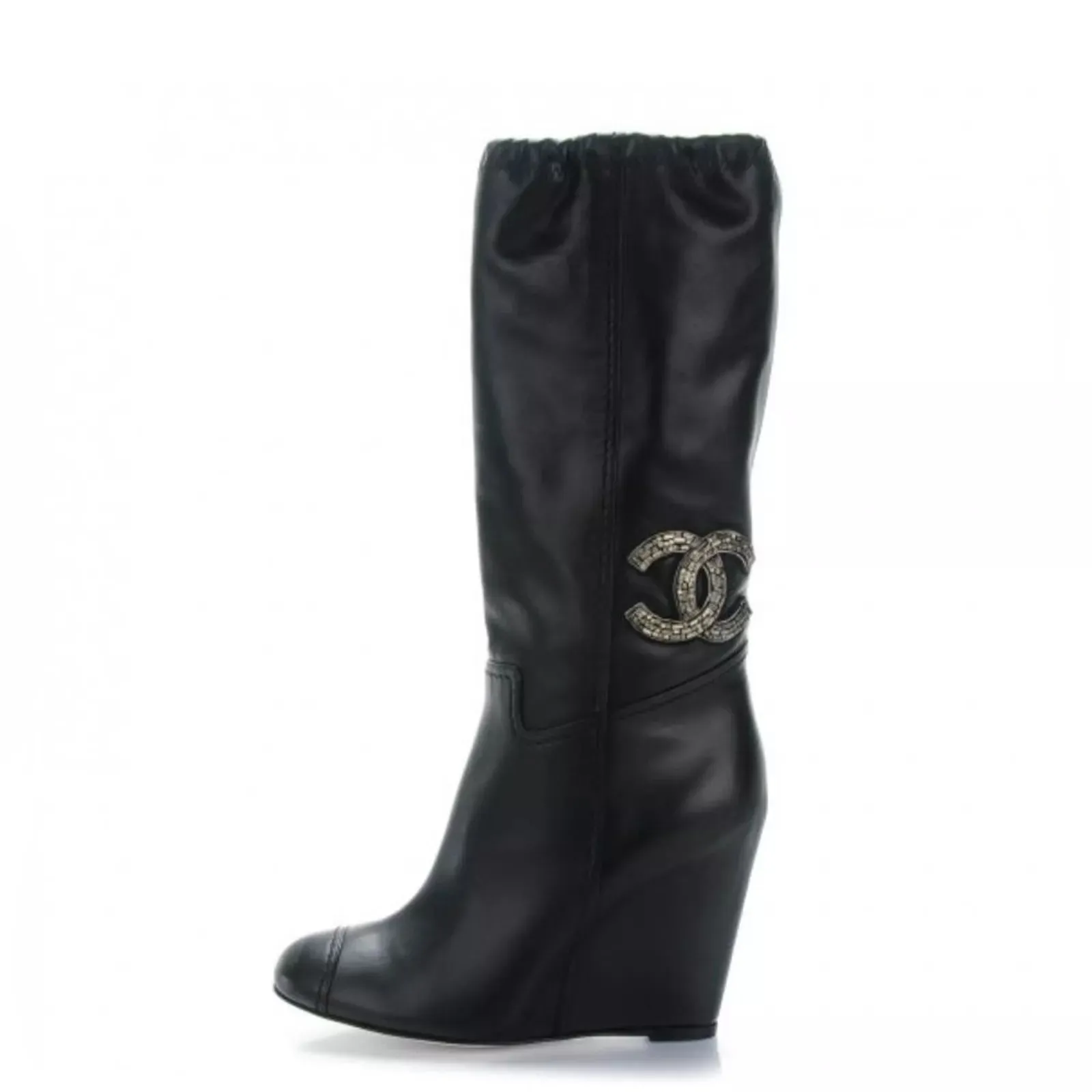 CHANEL CC CRYSTAL EMBELLISHED LAMBSKIN LEATHER WEDGE HEEL BOOTS
