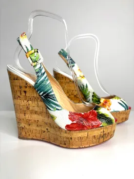 Christian Louboutin Hawaii Une Plume 140 Floral Slingback Wedge Sandals small fit 39.5 UK6.5 - Preloved