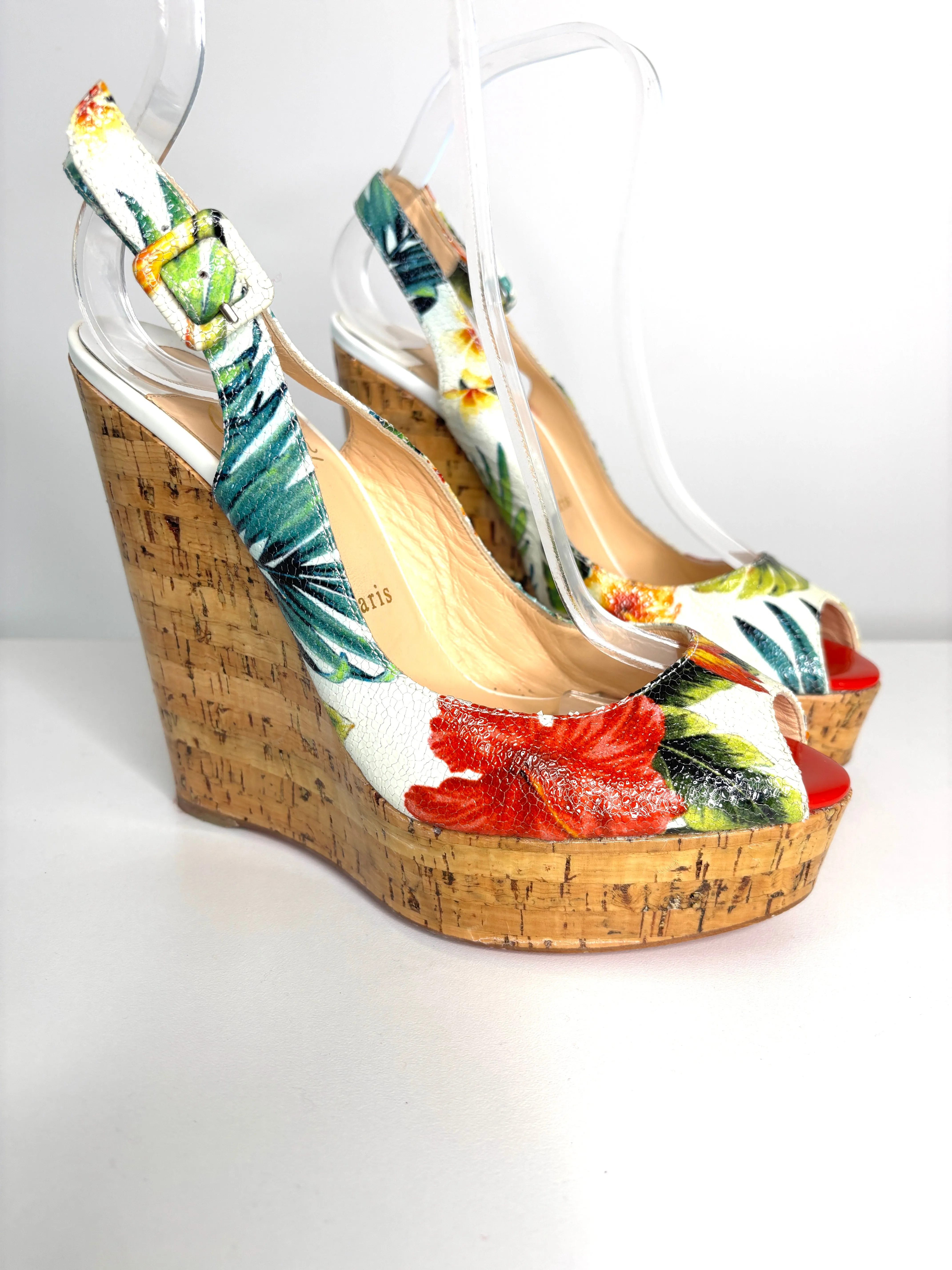 Christian Louboutin Hawaii Une Plume 140 Floral Slingback Wedge Sandals small fit 39.5 UK6.5 - Preloved