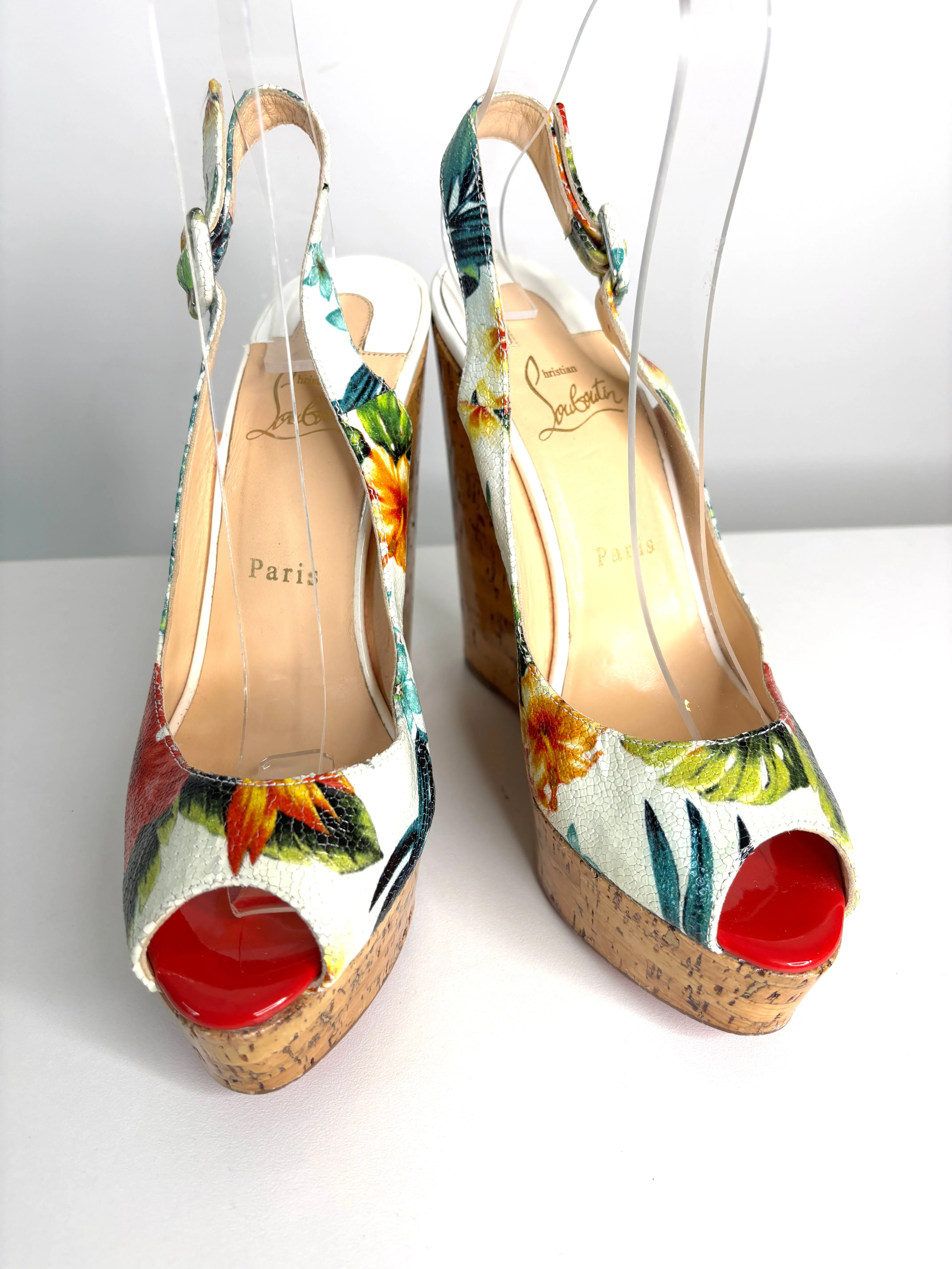 Christian Louboutin Hawaii Une Plume 140 Floral Slingback Wedge Sandals small fit 39.5 UK6.5 - Preloved