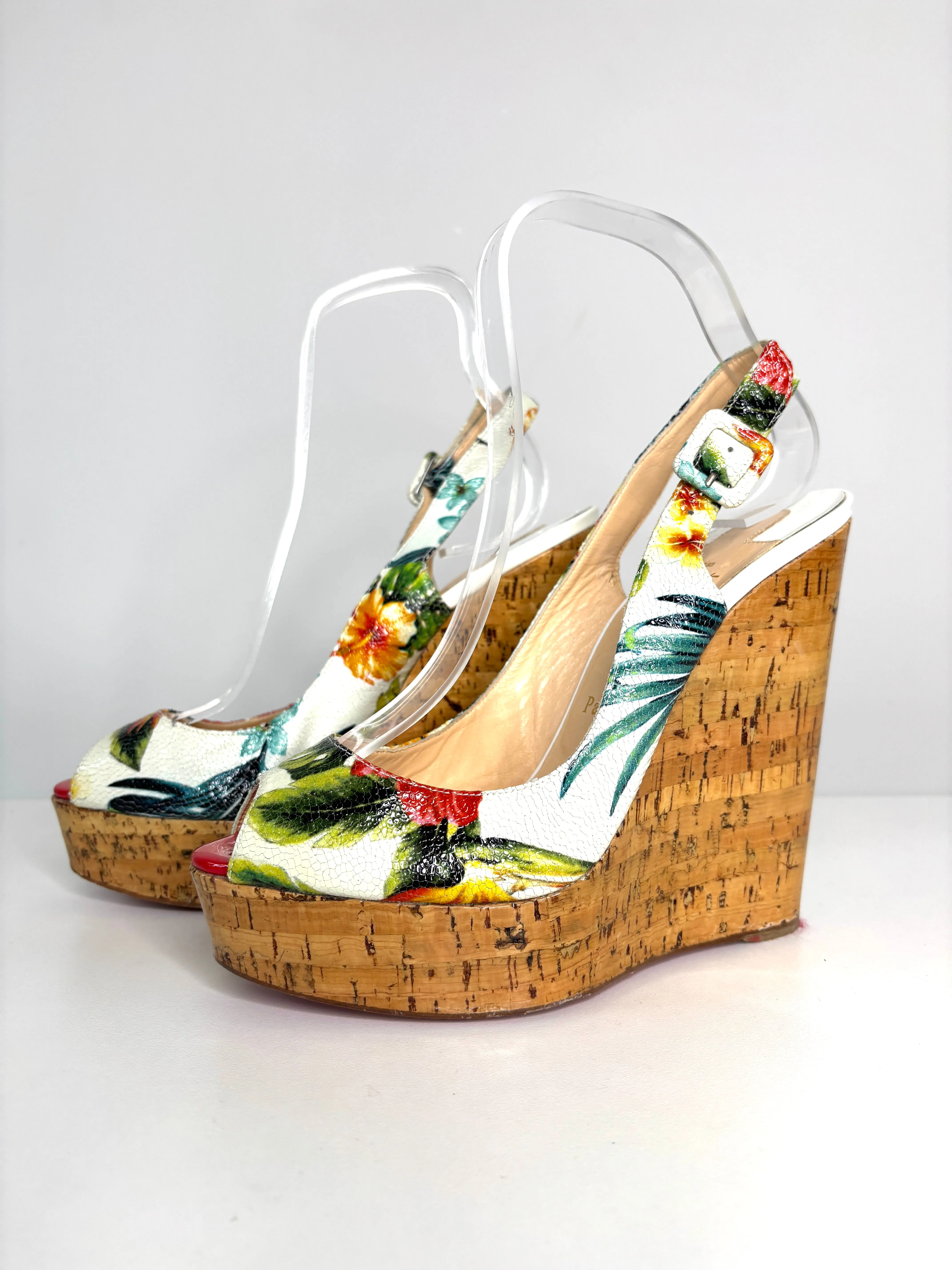 Christian Louboutin Hawaii Une Plume 140 Floral Slingback Wedge Sandals small fit 39.5 UK6.5 - Preloved