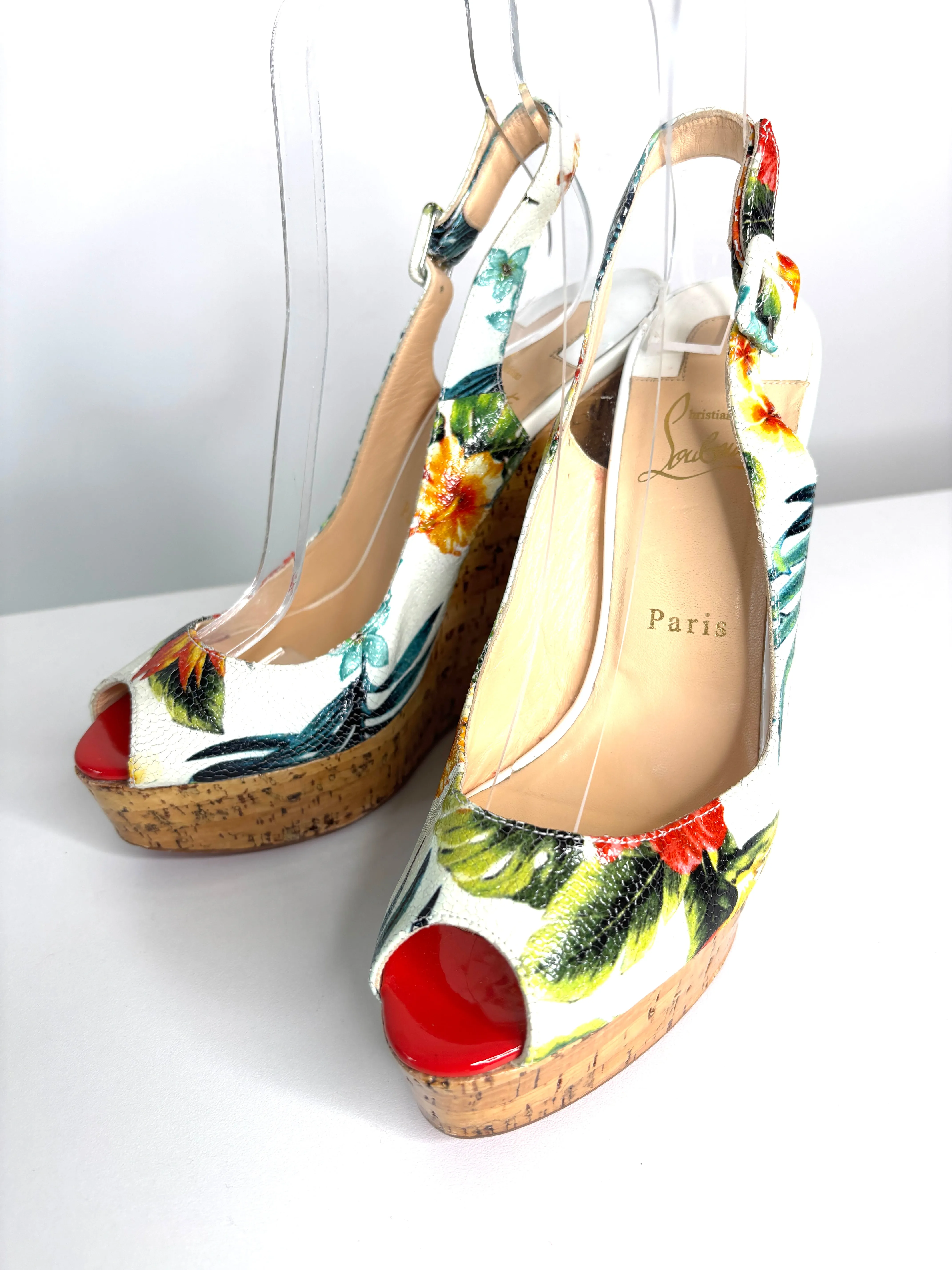 Christian Louboutin Hawaii Une Plume 140 Floral Slingback Wedge Sandals small fit 39.5 UK6.5 - Preloved
