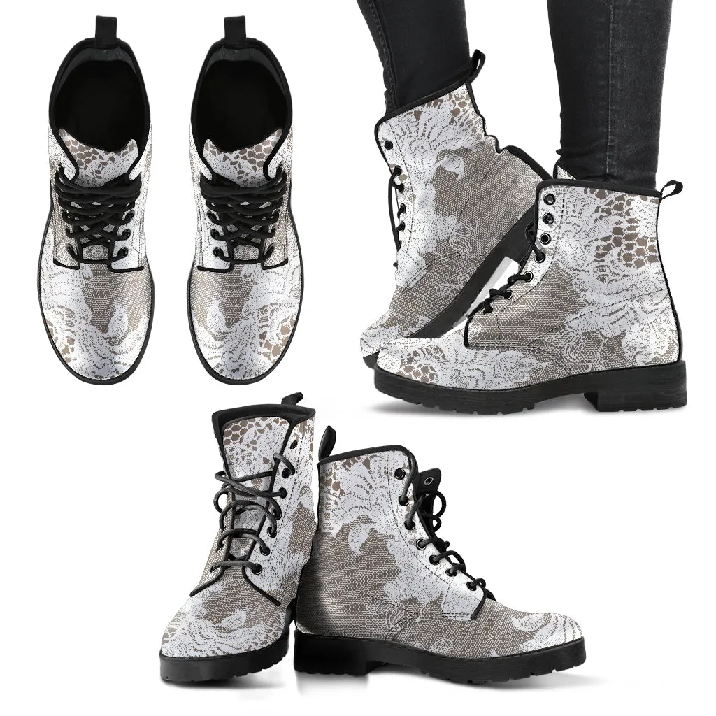 Combat Boots - White Lace Print #107 | Women's Boots, Custom Shoes, Aesthetic Shoes, Sorority Shoes, Vegan Leather, Vegan Shoes, 90s Boots