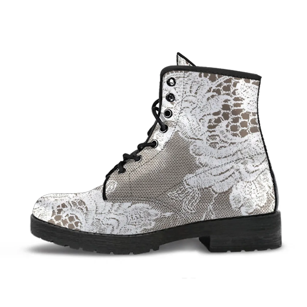 Combat Boots - White Lace Print #107 | Women's Boots, Custom Shoes, Aesthetic Shoes, Sorority Shoes, Vegan Leather, Vegan Shoes, 90s Boots