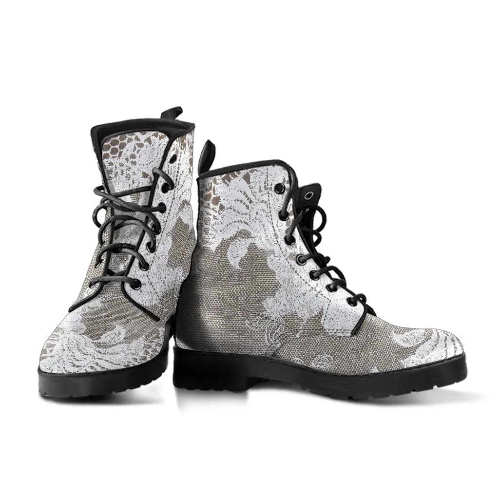 Combat Boots - White Lace Print #107 | Women's Boots, Custom Shoes, Aesthetic Shoes, Sorority Shoes, Vegan Leather, Vegan Shoes, 90s Boots