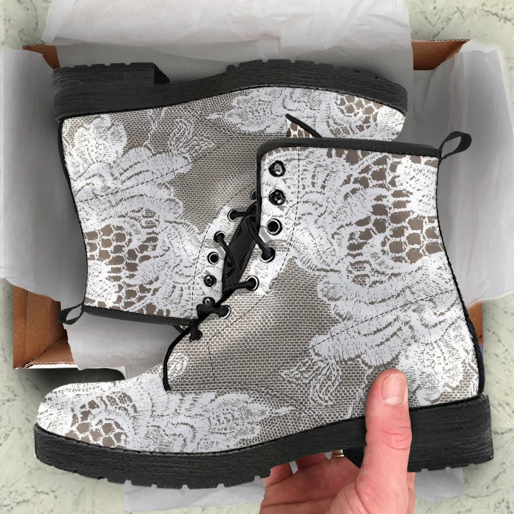 Combat Boots - White Lace Print #107 | Women's Boots, Custom Shoes, Aesthetic Shoes, Sorority Shoes, Vegan Leather, Vegan Shoes, 90s Boots