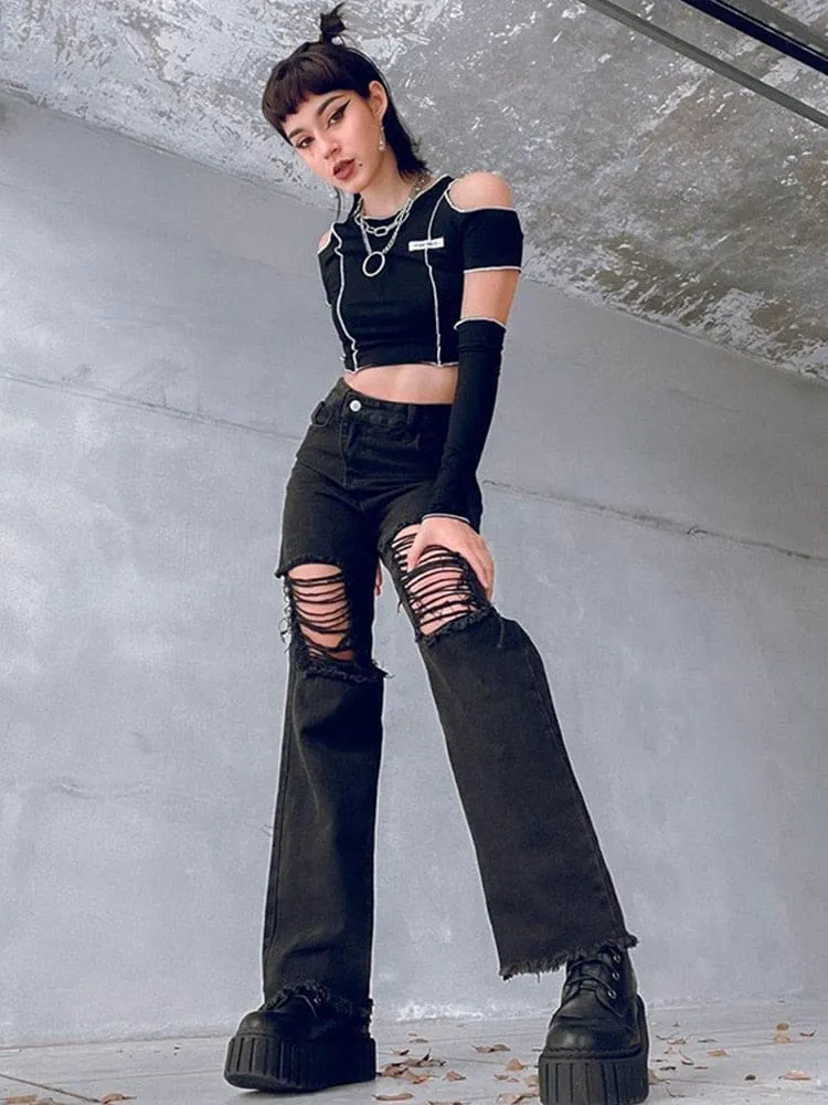 Distressed Y2K Flare High Waisted Jeans