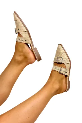 Down To Business Buckle Pointed Toe Flats in Natural