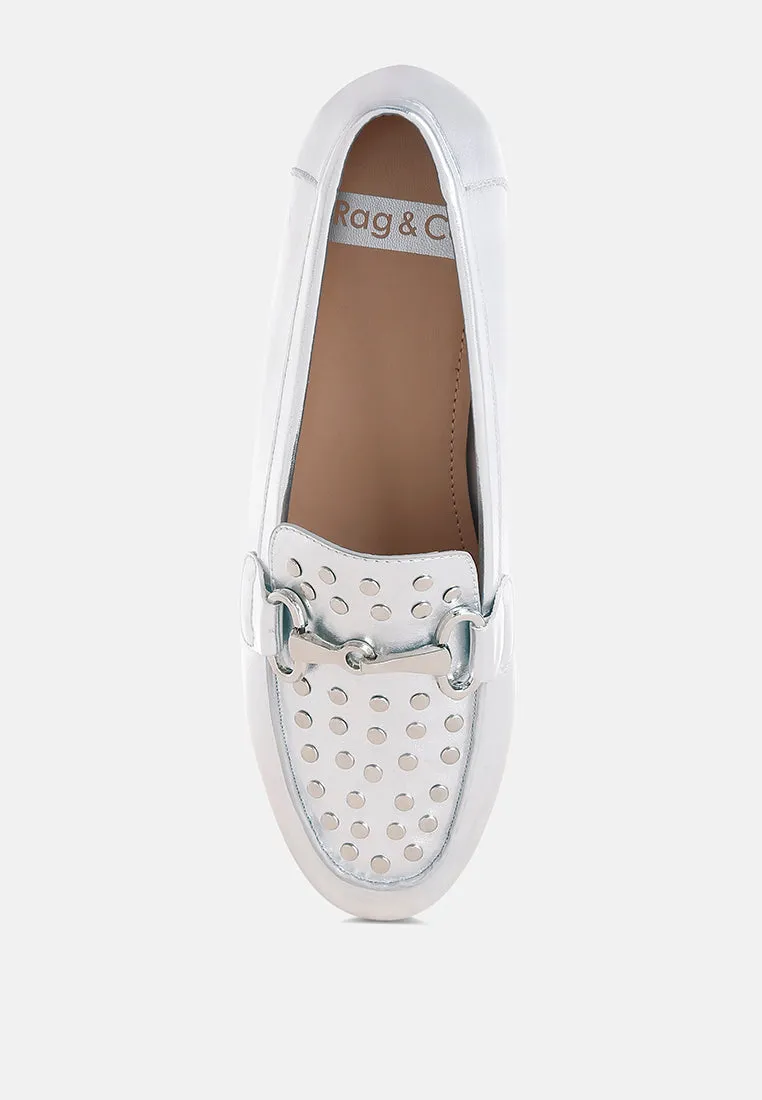 Estafa Horsebit & Studs Metallic Pleather Loafers