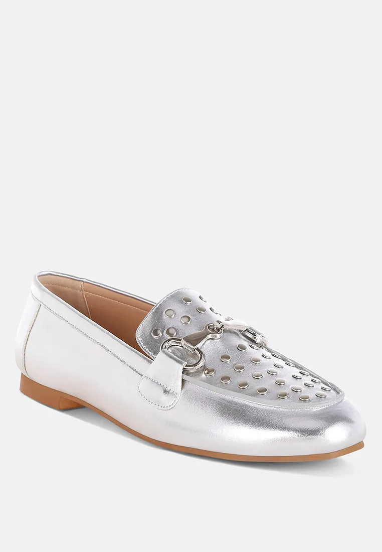 Estafa Horsebit & Studs Metallic Pleather Loafers