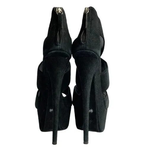 GIUSEPPE ZANOTTI Black Suede Strappy Ultra High Platform Heel Sandals, Size 36.5