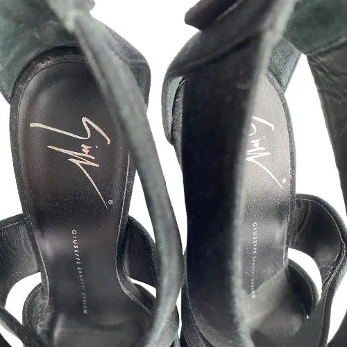GIUSEPPE ZANOTTI Black Suede Strappy Ultra High Platform Heel Sandals, Size 36.5