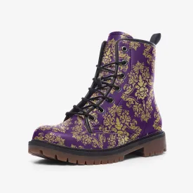 Gothic Skull Purple Vegan Leather Combat Boots, Macabre Pattern Boots, Art Nouveau, Ankle Boots