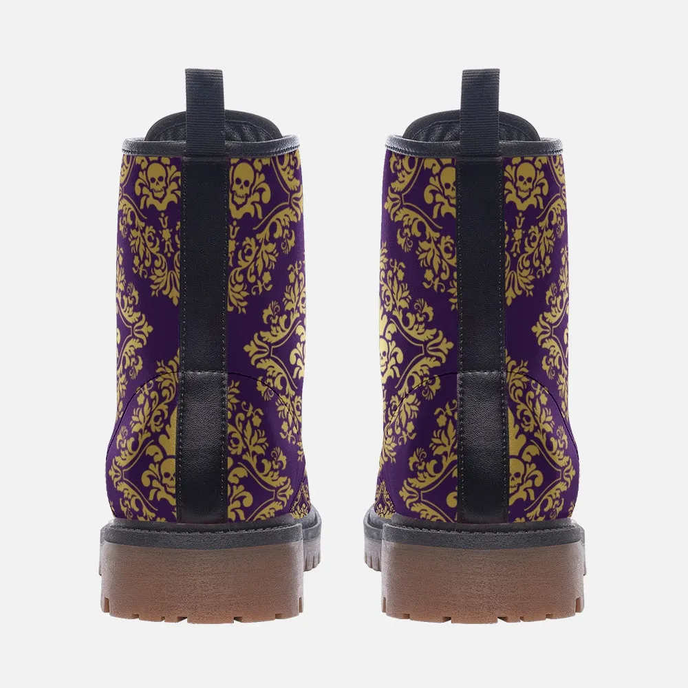 Gothic Skull Purple Vegan Leather Combat Boots, Macabre Pattern Boots, Art Nouveau, Ankle Boots