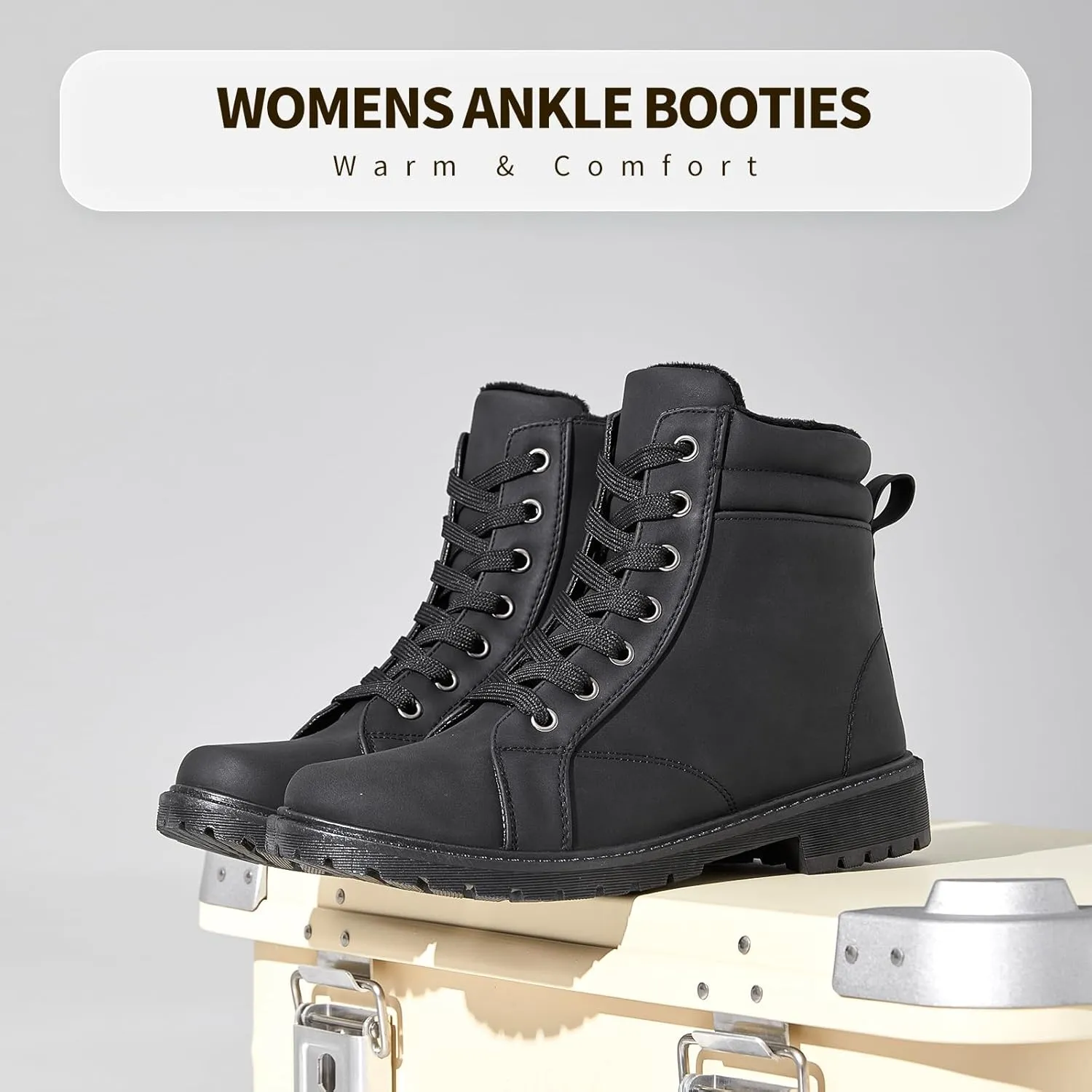 hash bubbie Women's Waterproof Ankle Boots Non Slip Combat Boots Black Fuzzy Winter Boots White Lace up Snow Boots for women Fall Boots with Zipper