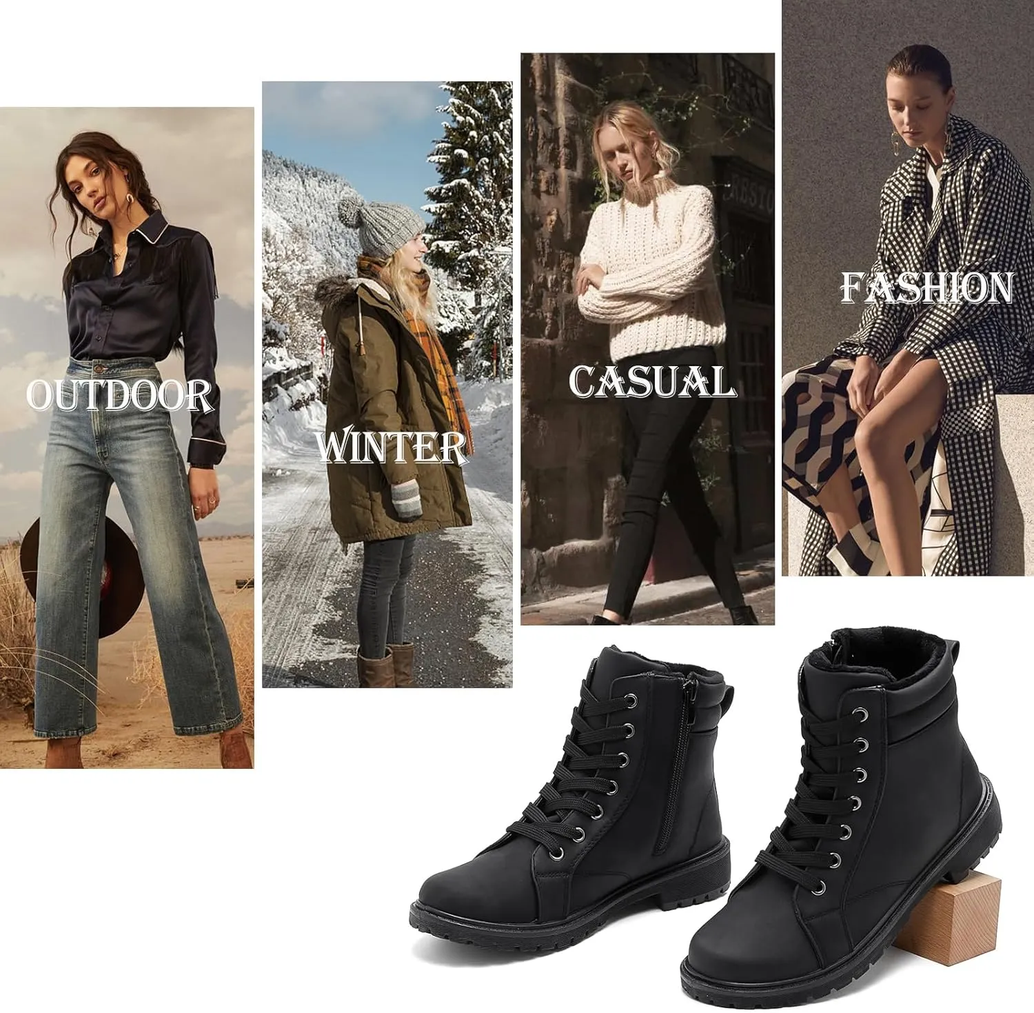 hash bubbie Women's Waterproof Ankle Boots Non Slip Combat Boots Black Fuzzy Winter Boots White Lace up Snow Boots for women Fall Boots with Zipper