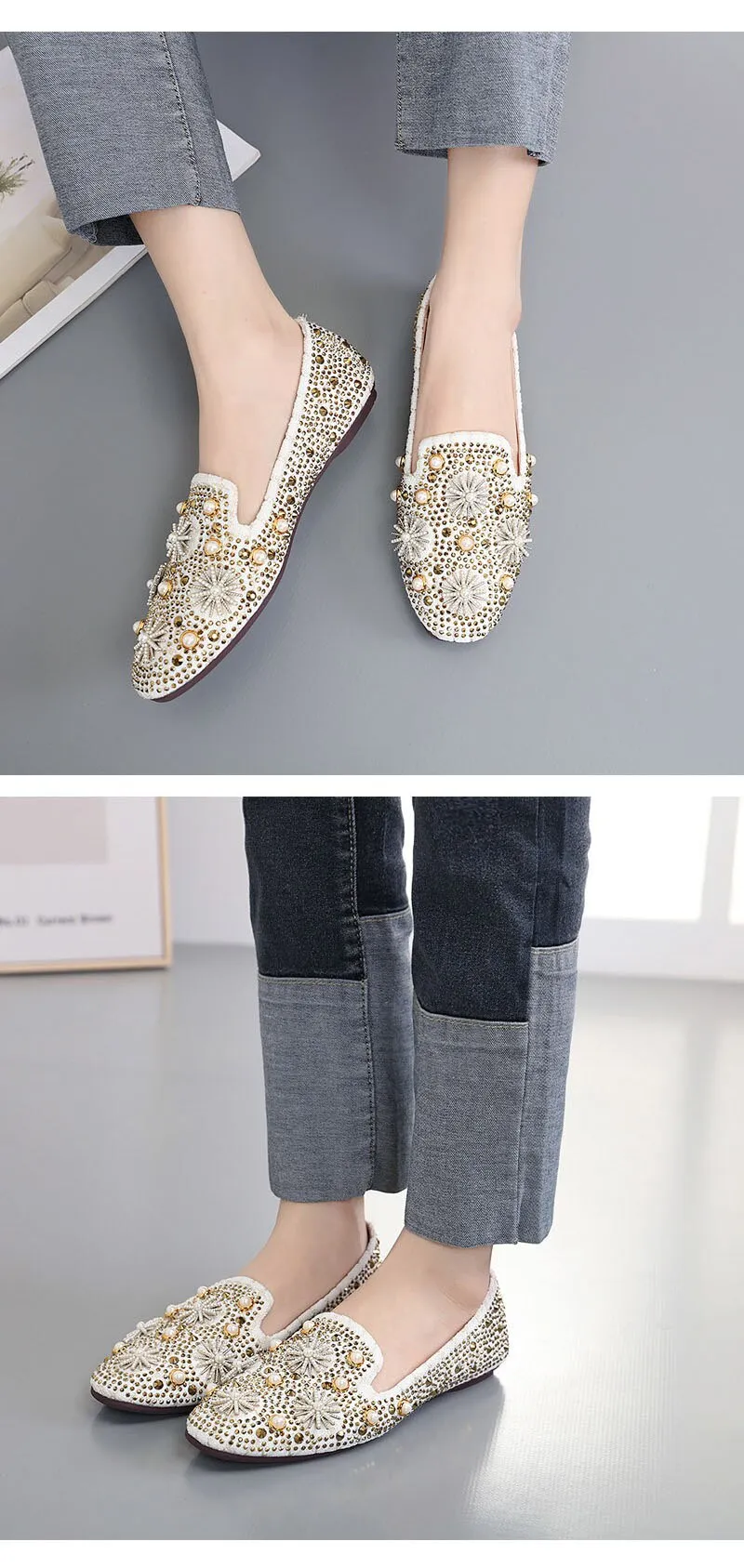 Hnzxzm Retro Shoes Women Flats Fashion Brand Ladies Party Shoes Elegant Flat Women Boat Shoes Rhinestone Pearl Plus Size 41 A4256