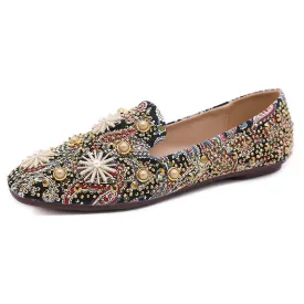 Hnzxzm Retro Shoes Women Flats Fashion Brand Ladies Party Shoes Elegant Flat Women Boat Shoes Rhinestone Pearl Plus Size 41 A4256