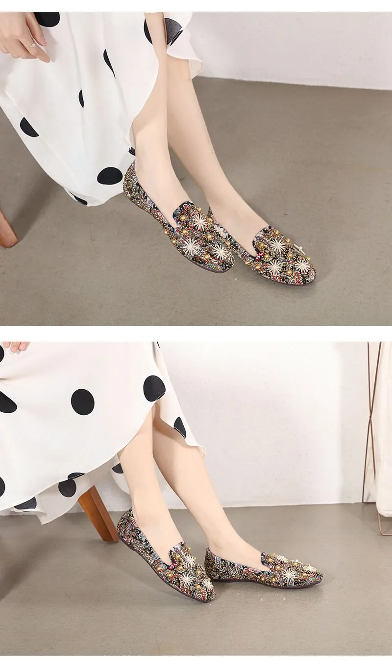 Hnzxzm Retro Shoes Women Flats Fashion Brand Ladies Party Shoes Elegant Flat Women Boat Shoes Rhinestone Pearl Plus Size 41 A4256