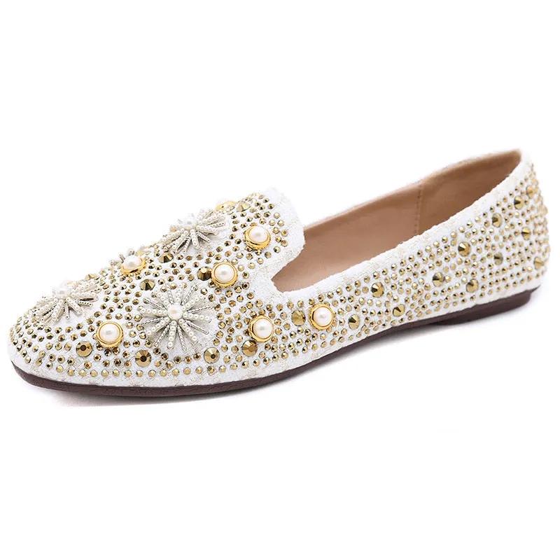 Hnzxzm Retro Shoes Women Flats Fashion Brand Ladies Party Shoes Elegant Flat Women Boat Shoes Rhinestone Pearl Plus Size 41 A4256