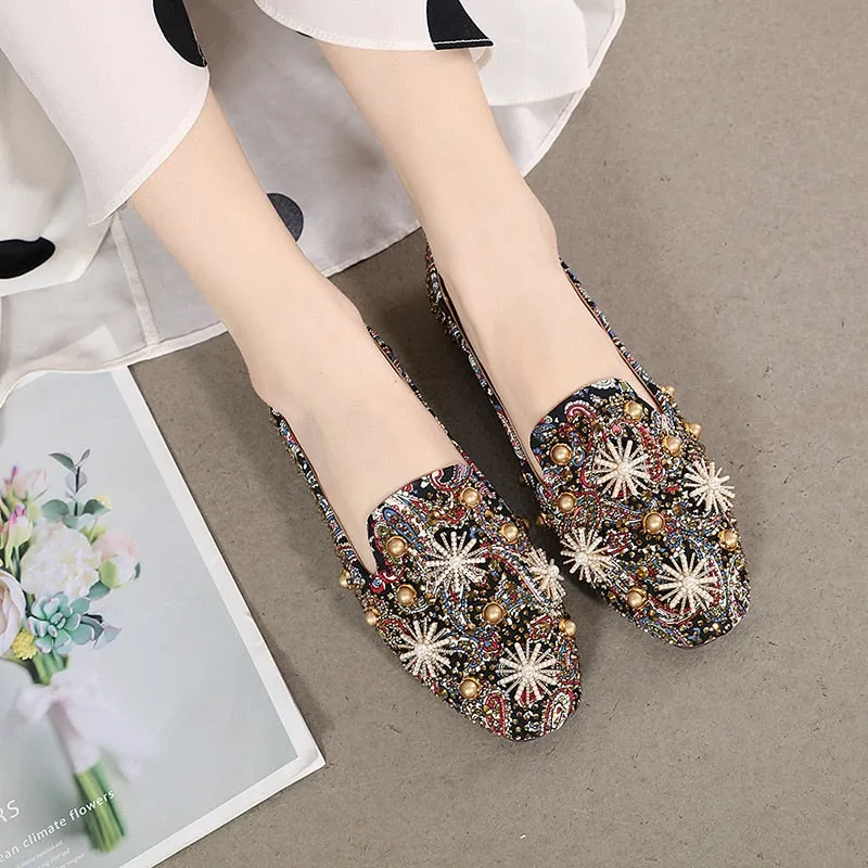 Hnzxzm Retro Shoes Women Flats Fashion Brand Ladies Party Shoes Elegant Flat Women Boat Shoes Rhinestone Pearl Plus Size 41 A4256
