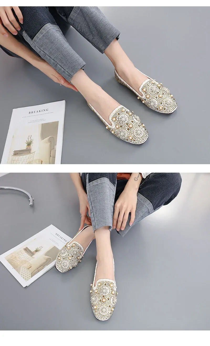 Hnzxzm Retro Shoes Women Flats Fashion Brand Ladies Party Shoes Elegant Flat Women Boat Shoes Rhinestone Pearl Plus Size 41 A4256