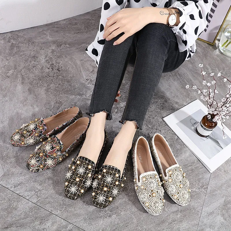 Hnzxzm Retro Shoes Women Flats Fashion Brand Ladies Party Shoes Elegant Flat Women Boat Shoes Rhinestone Pearl Plus Size 41 A4256