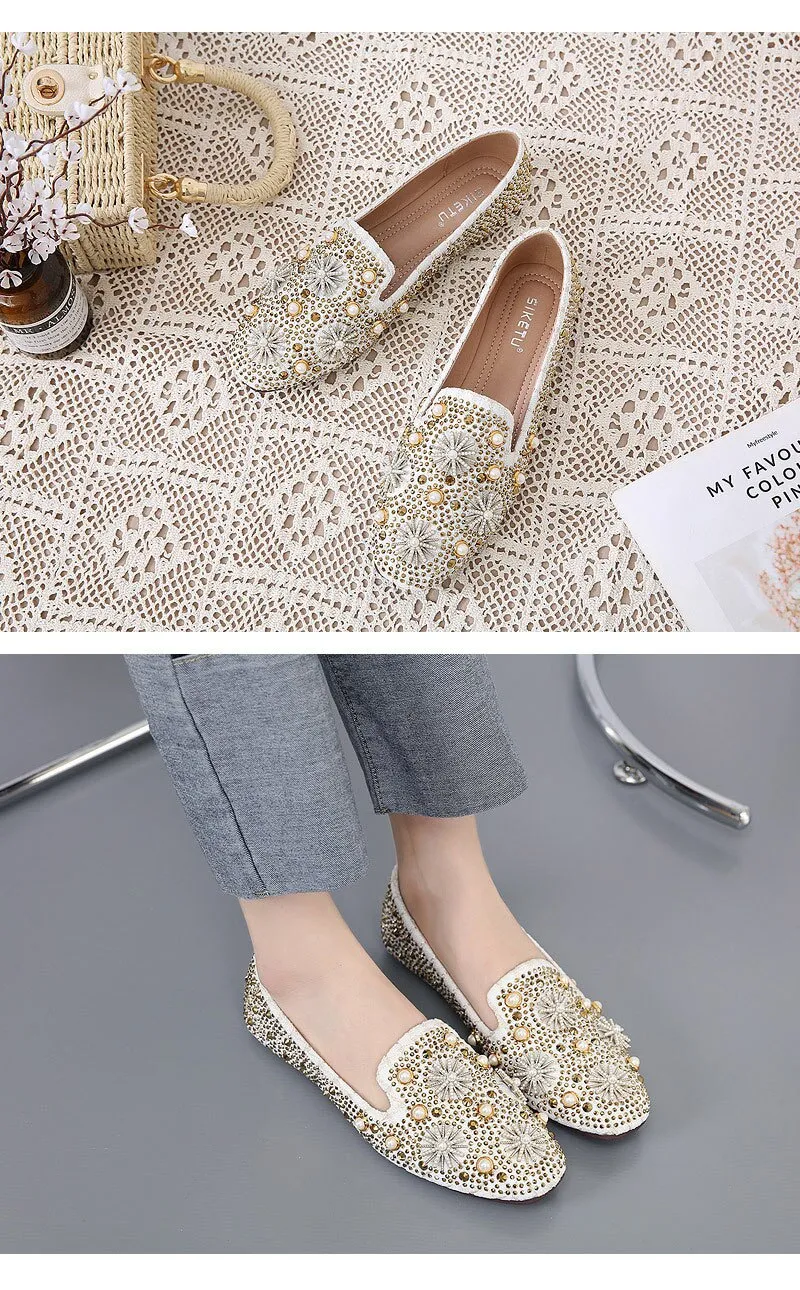 Hnzxzm Retro Shoes Women Flats Fashion Brand Ladies Party Shoes Elegant Flat Women Boat Shoes Rhinestone Pearl Plus Size 41 A4256
