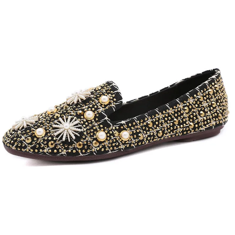 Hnzxzm Retro Shoes Women Flats Fashion Brand Ladies Party Shoes Elegant Flat Women Boat Shoes Rhinestone Pearl Plus Size 41 A4256
