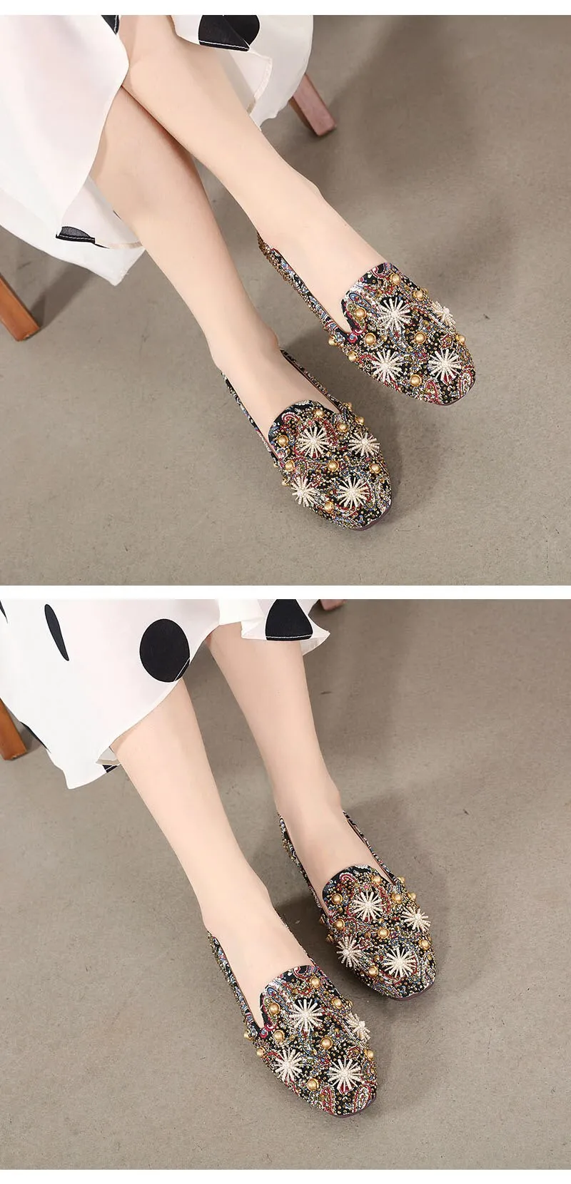 Hnzxzm Retro Shoes Women Flats Fashion Brand Ladies Party Shoes Elegant Flat Women Boat Shoes Rhinestone Pearl Plus Size 41 A4256