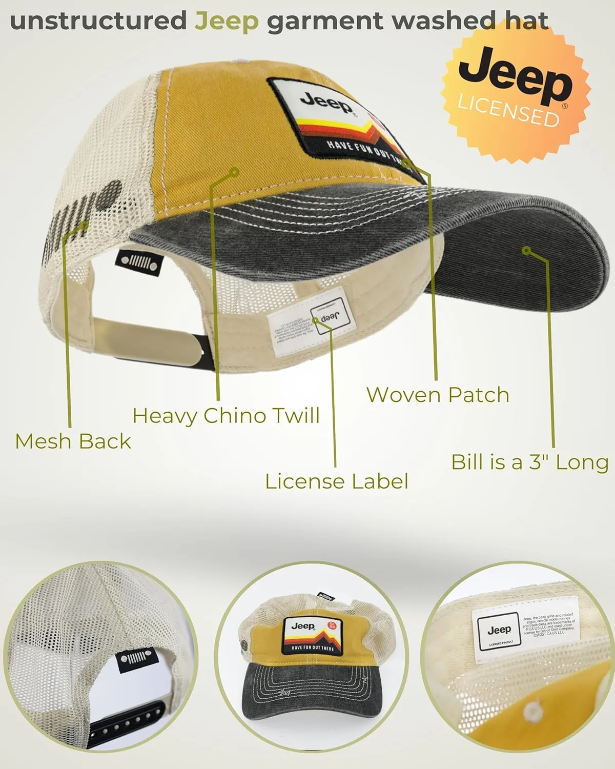 Jeep Have Fun Out There Patch Garment Washed Trucker Hat Unstructured for Men & Women - Adjustable Snapback Baseball Cap