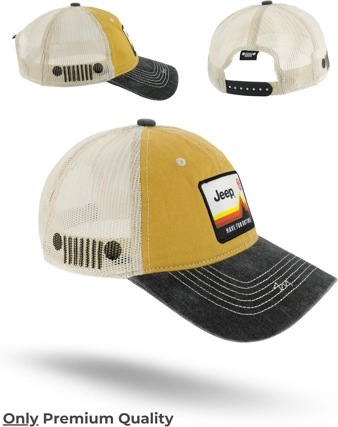 Jeep Have Fun Out There Patch Garment Washed Trucker Hat Unstructured for Men & Women - Adjustable Snapback Baseball Cap