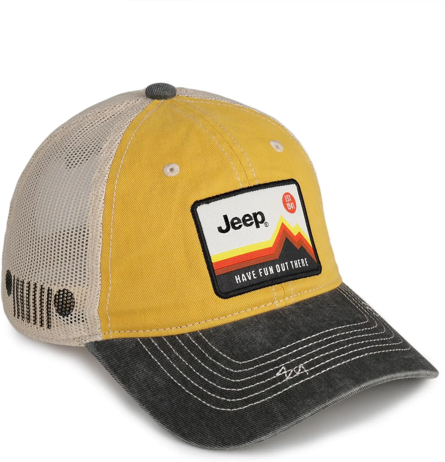 Jeep Have Fun Out There Patch Garment Washed Trucker Hat Unstructured for Men & Women - Adjustable Snapback Baseball Cap