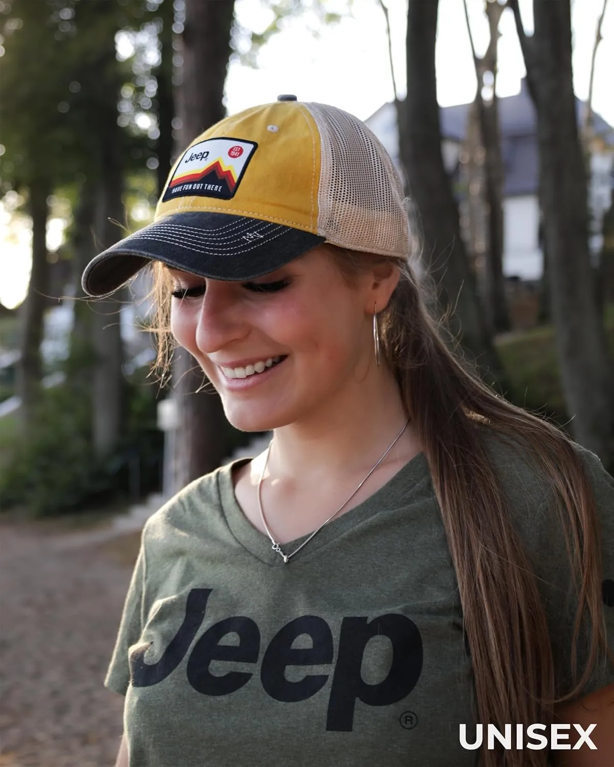 Jeep Have Fun Out There Patch Garment Washed Trucker Hat Unstructured for Men & Women - Adjustable Snapback Baseball Cap