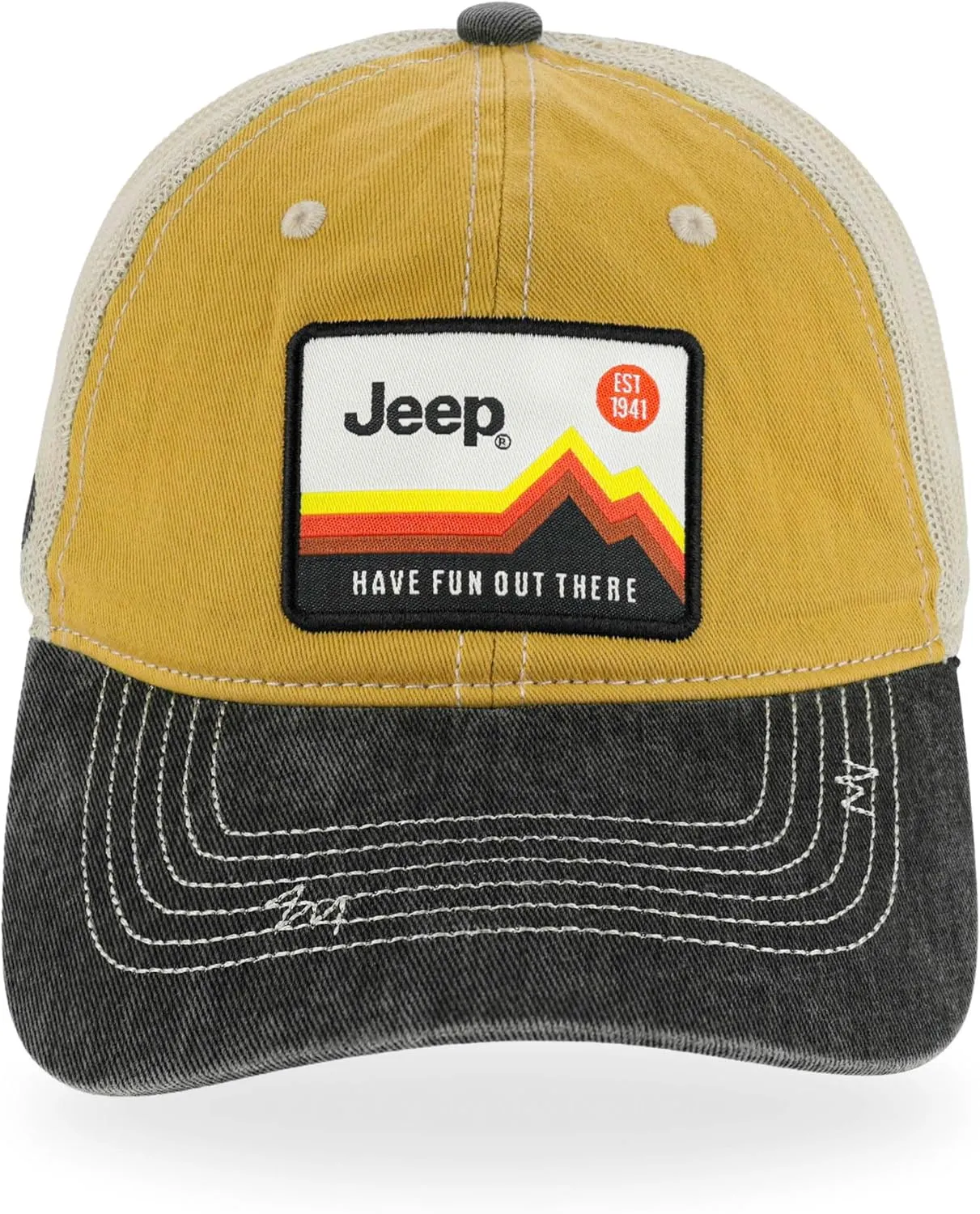 Jeep Have Fun Out There Patch Garment Washed Trucker Hat Unstructured for Men & Women - Adjustable Snapback Baseball Cap