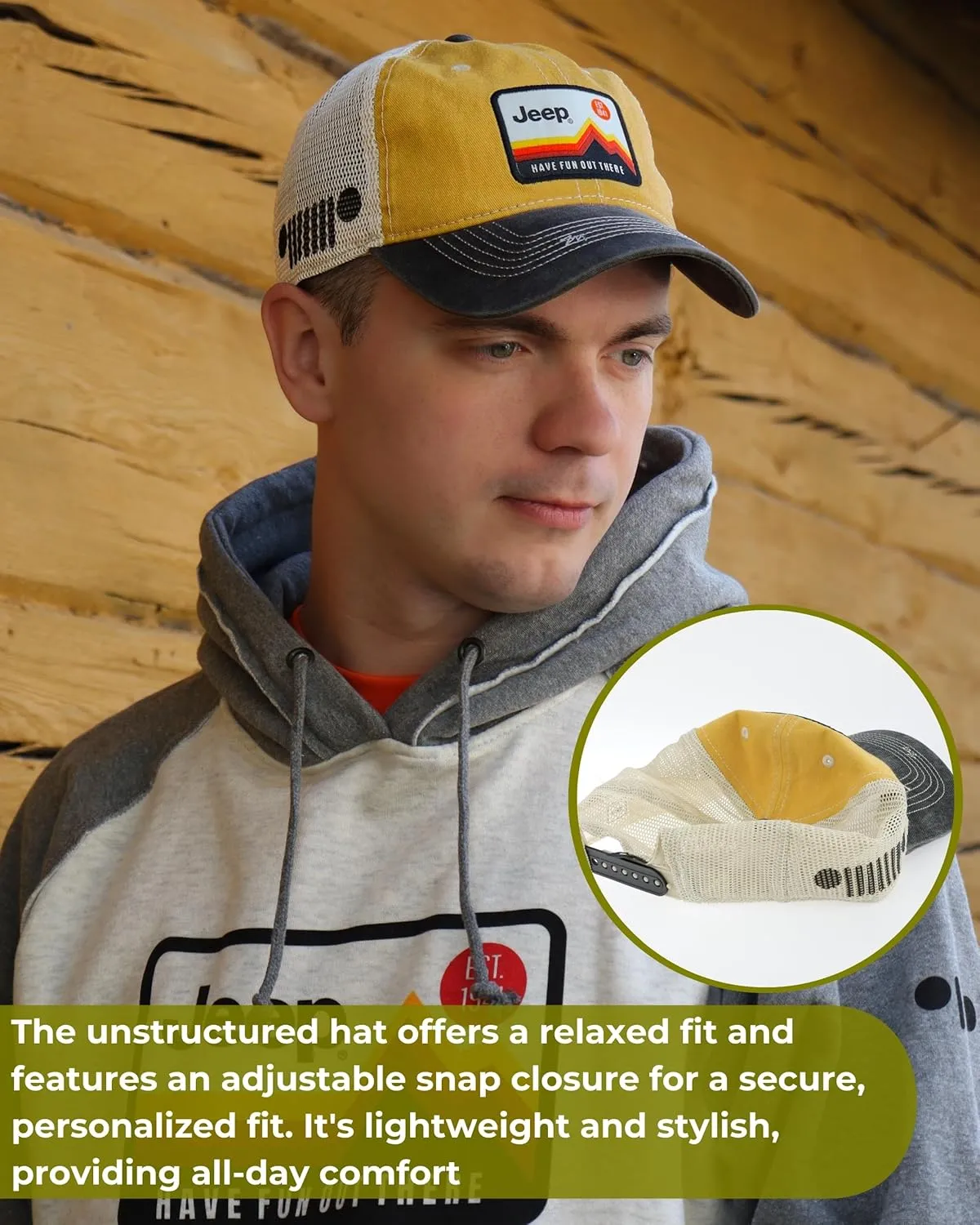 Jeep Have Fun Out There Patch Garment Washed Trucker Hat Unstructured for Men & Women - Adjustable Snapback Baseball Cap
