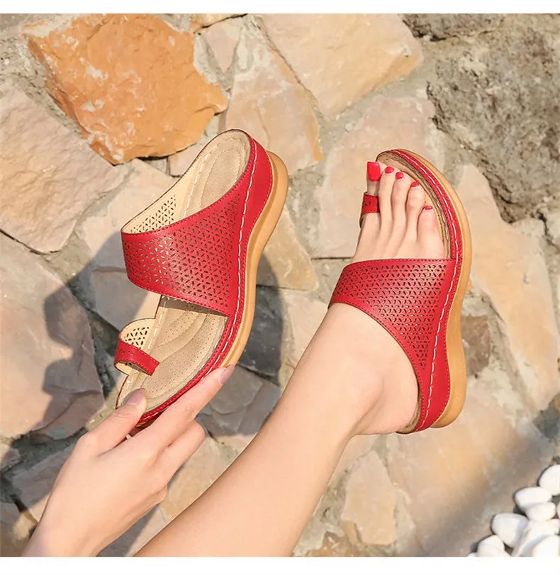 Large Size Women's Shoes Retro Casual Bohemian Hollowed-out Wedge Sandals Women's Toe Sandals