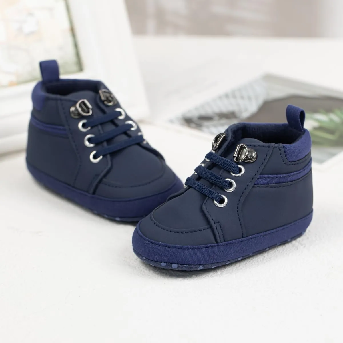 Meckior Toddler Baby Boys Girls High Tops Ankle Sneakers Soft Anti-Slip Sole PU Leather Moccasins Infant Newborn Prewalker First Walking Crib Shoes