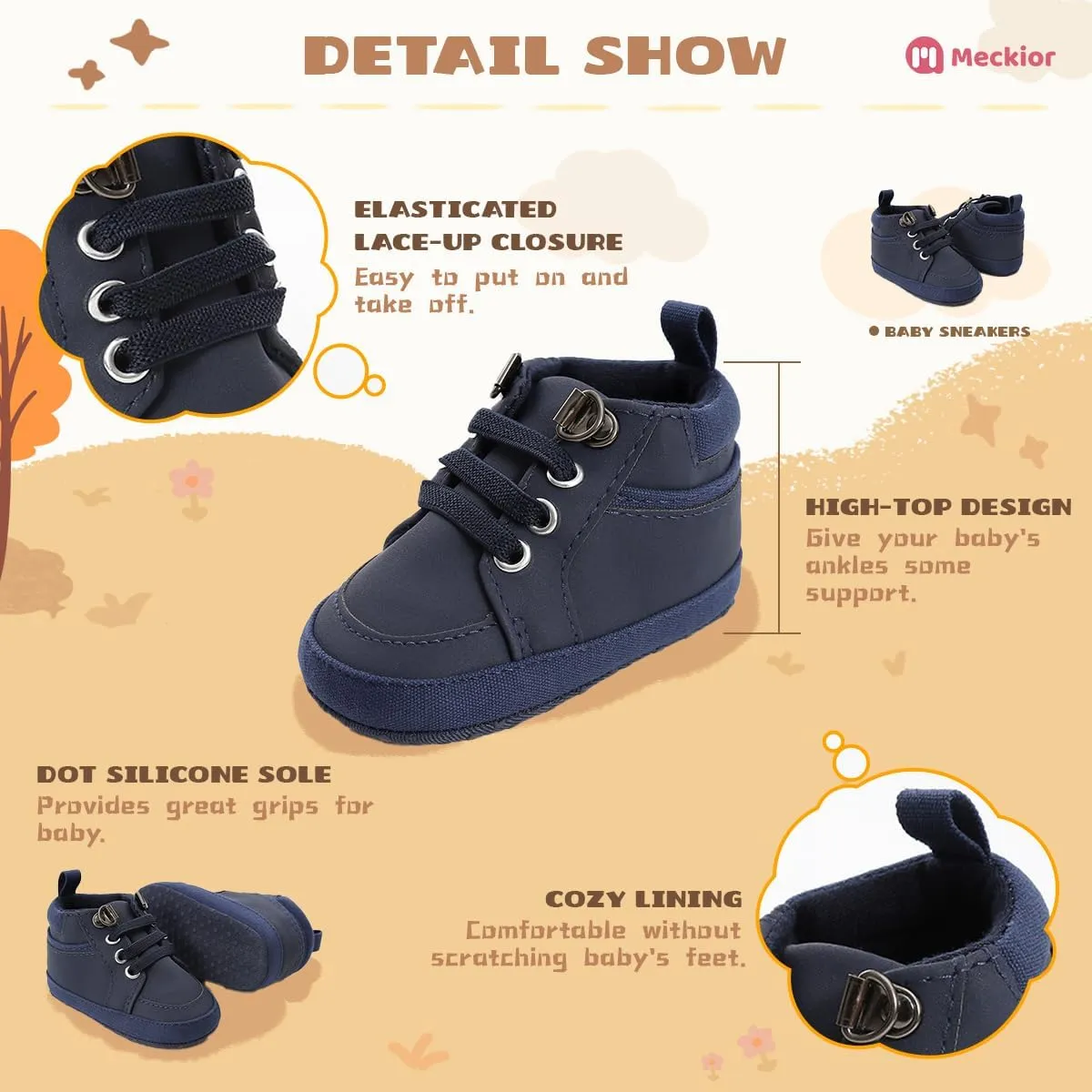 Meckior Toddler Baby Boys Girls High Tops Ankle Sneakers Soft Anti-Slip Sole PU Leather Moccasins Infant Newborn Prewalker First Walking Crib Shoes