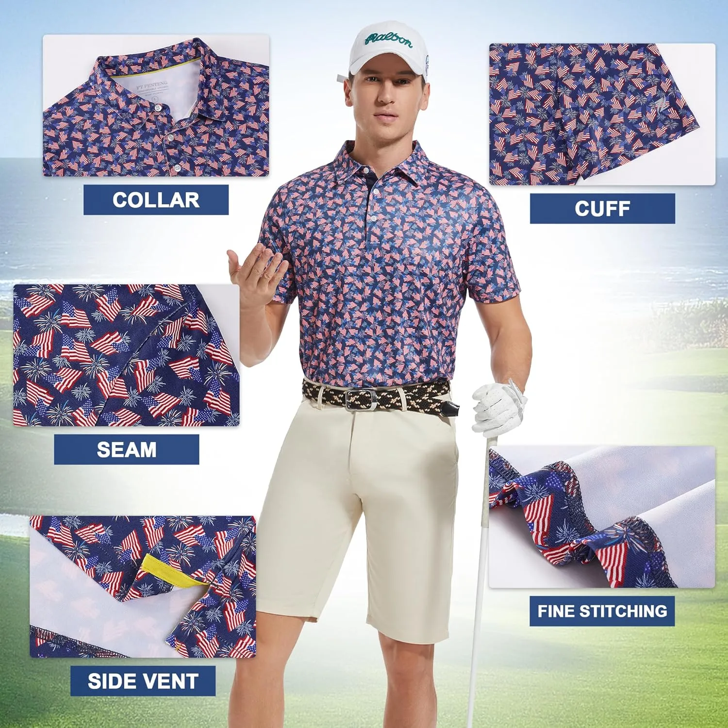 Mens Golf Shirt Short Sleeve Dry Fit Print Moisture Wicking Performance Patterns Collared Polo Shirt