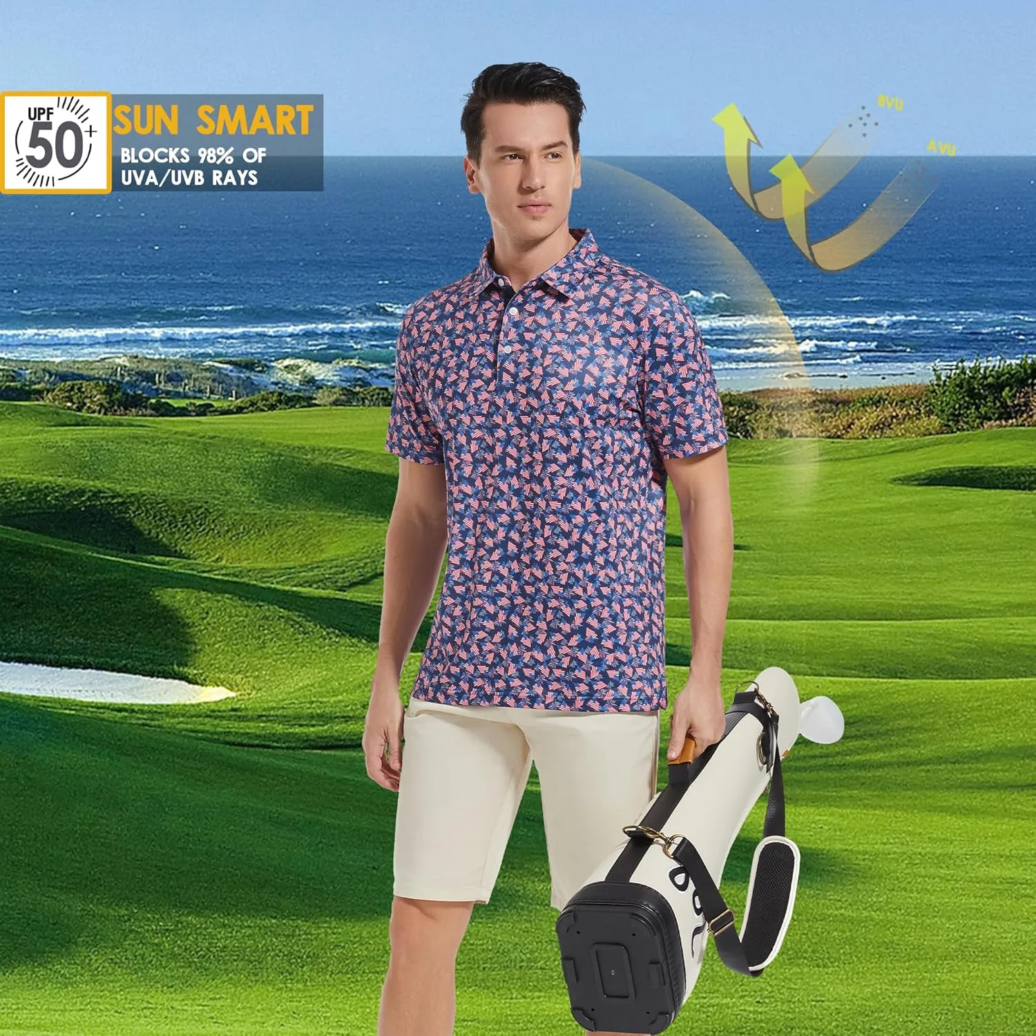Mens Golf Shirt Short Sleeve Dry Fit Print Moisture Wicking Performance Patterns Collared Polo Shirt