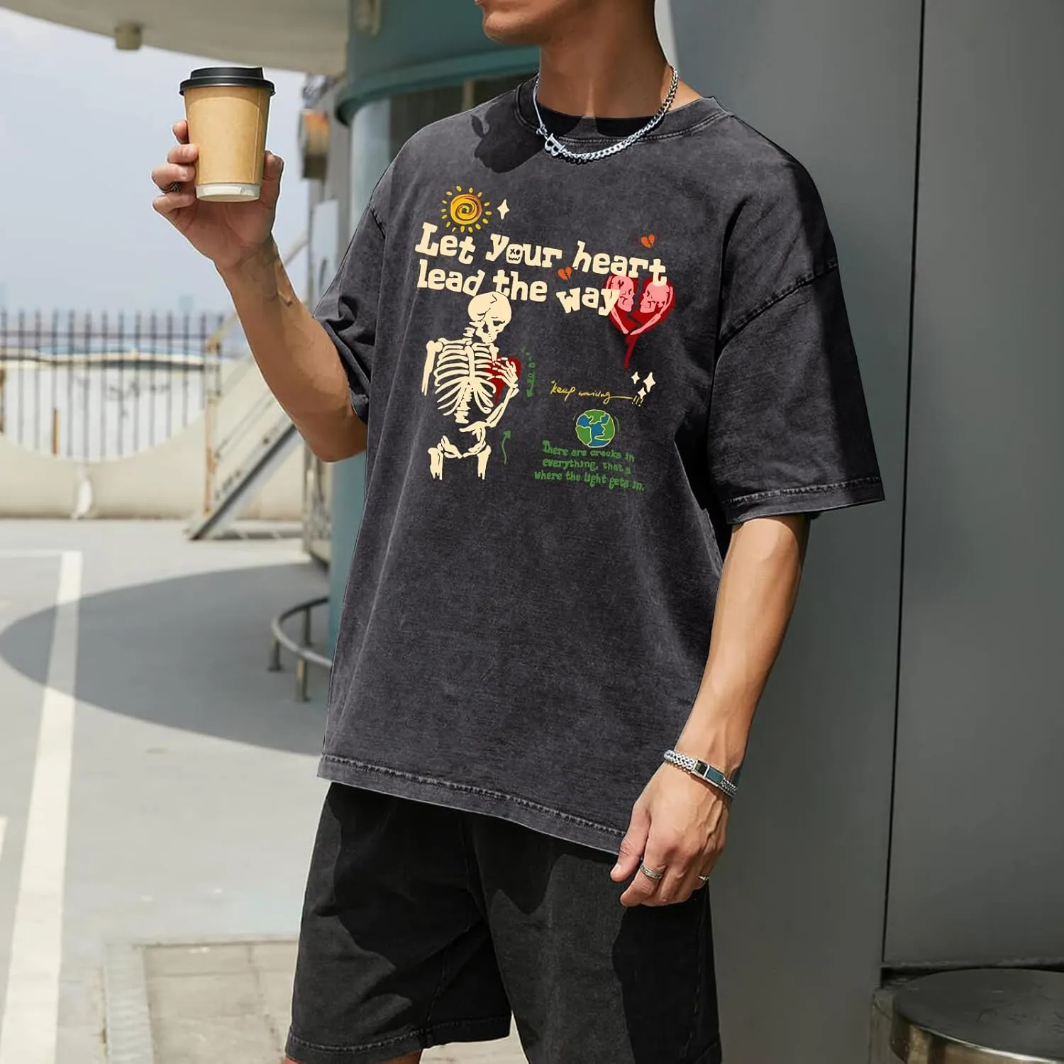 Mens Skeleton Graphic Tee Shirt Streetwear Vintage Acid Wash Shirts Inspirational Letter Print Tshirts Summer Top