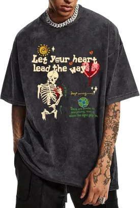Mens Skeleton Graphic Tee Shirt Streetwear Vintage Acid Wash Shirts Inspirational Letter Print Tshirts Summer Top