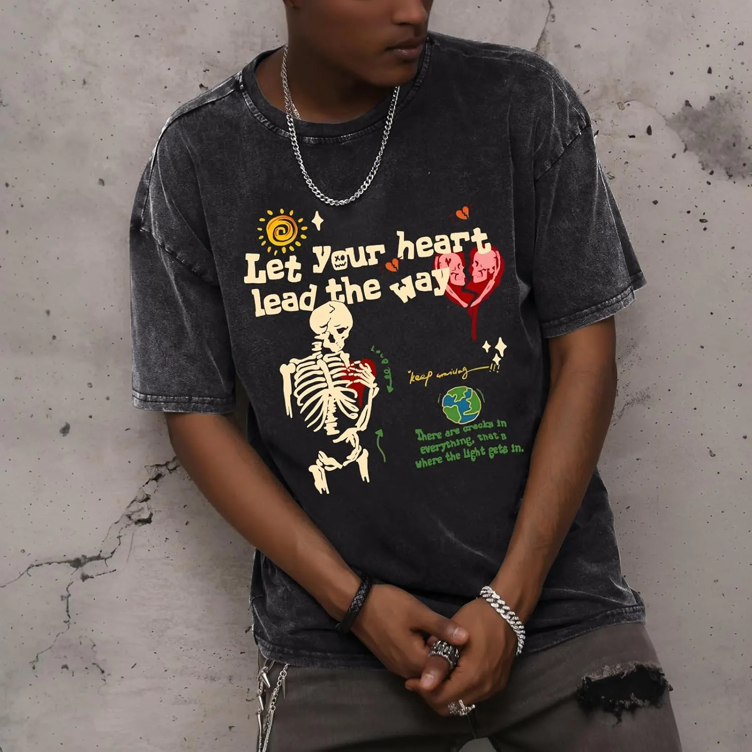 Mens Skeleton Graphic Tee Shirt Streetwear Vintage Acid Wash Shirts Inspirational Letter Print Tshirts Summer Top