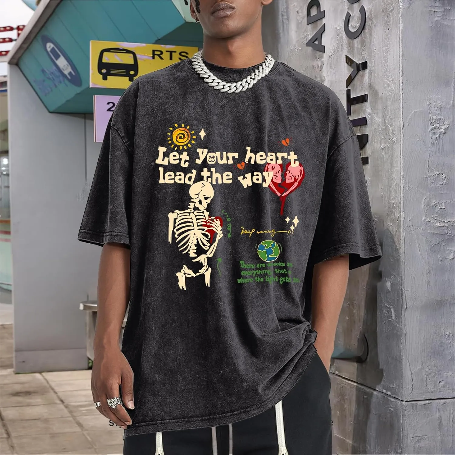 Mens Skeleton Graphic Tee Shirt Streetwear Vintage Acid Wash Shirts Inspirational Letter Print Tshirts Summer Top