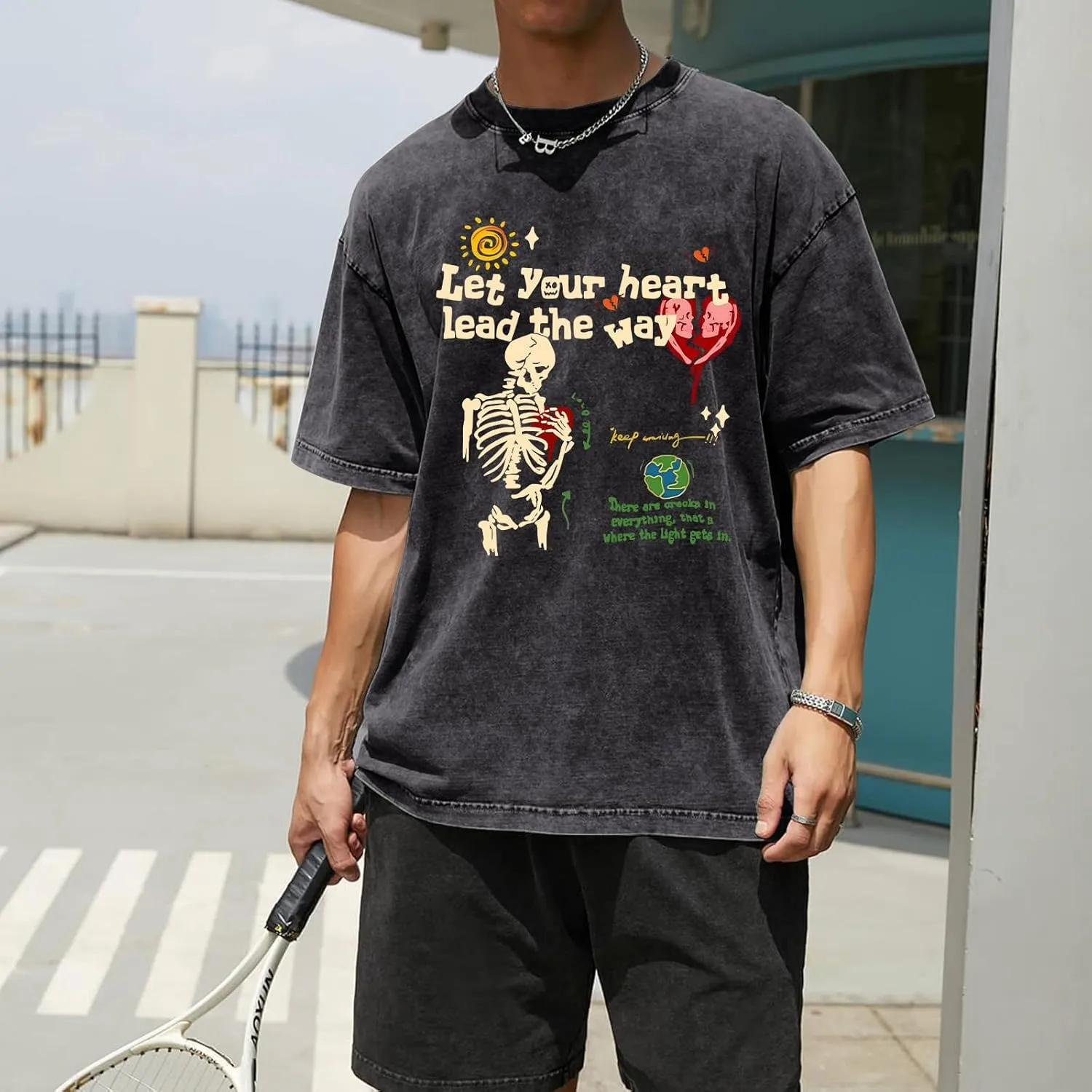 Mens Skeleton Graphic Tee Shirt Streetwear Vintage Acid Wash Shirts Inspirational Letter Print Tshirts Summer Top
